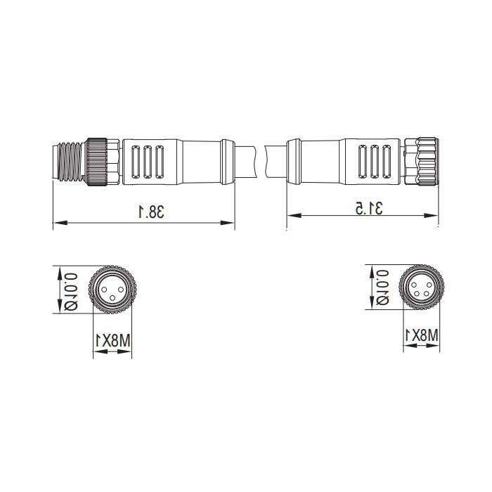 M8 3Pin, female straight turn male straight, double end pre-cast PVC non-flexible cable, grey sheathing, 63D103-XXX