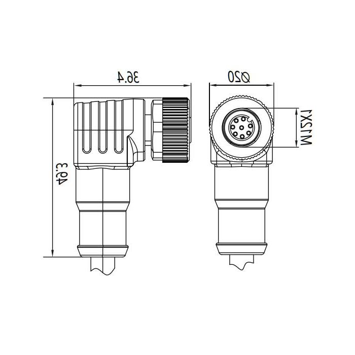 M12 8Pin, female 90°, single-end precast PUR flexible cable, black sheathed, 64S441-XXX